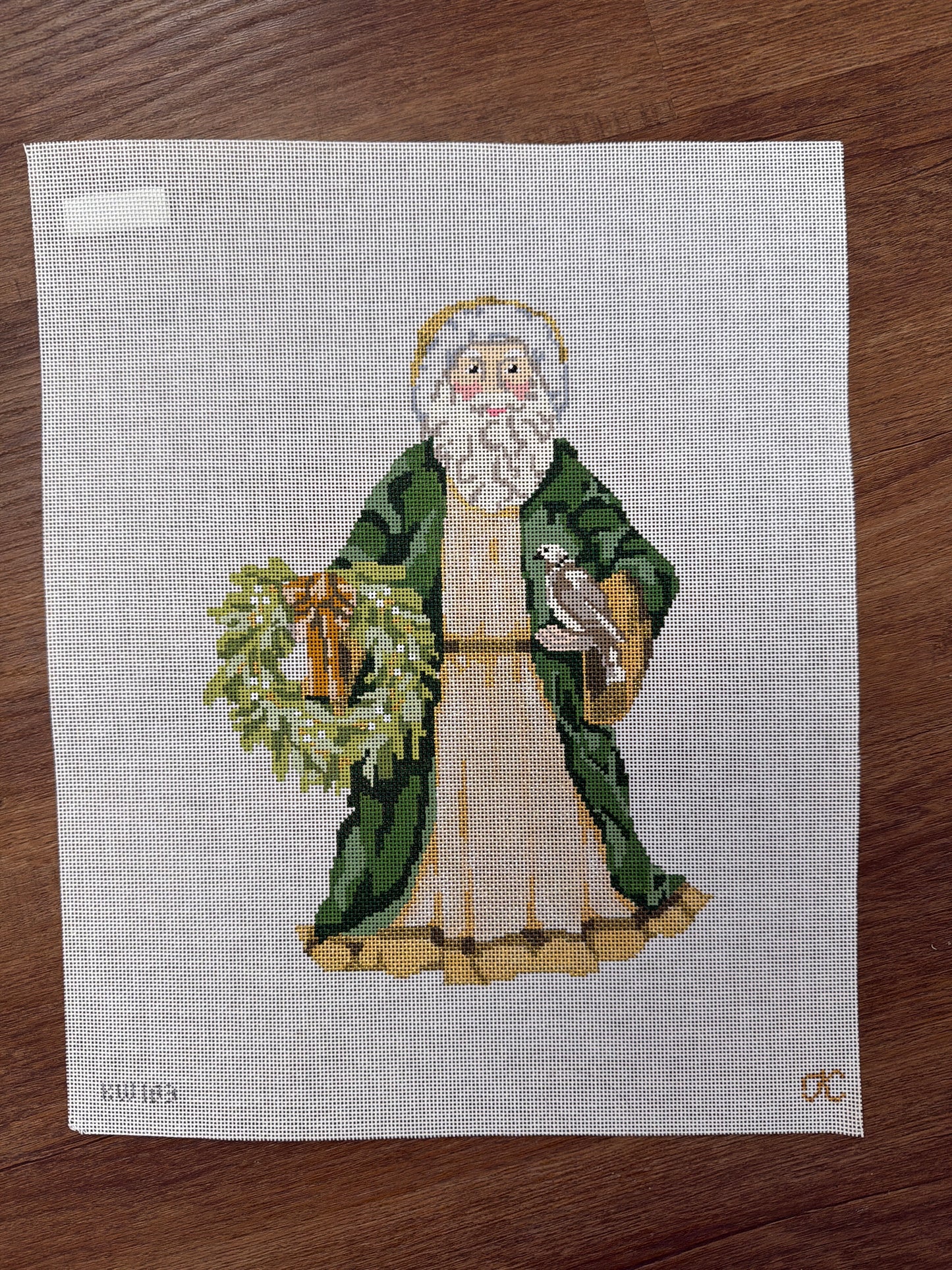 Green and Gold Jacket Santa with Wreath
