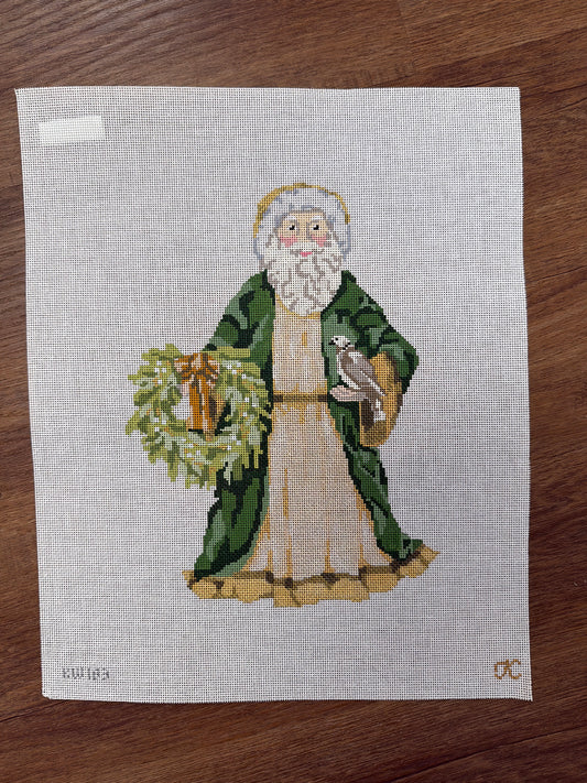 Green and Gold Jacket Santa with Wreath